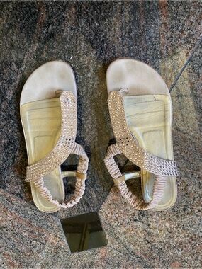Loriblu Leather Beige Embellished Slingback Sandals with Elastic Heel, Size 7